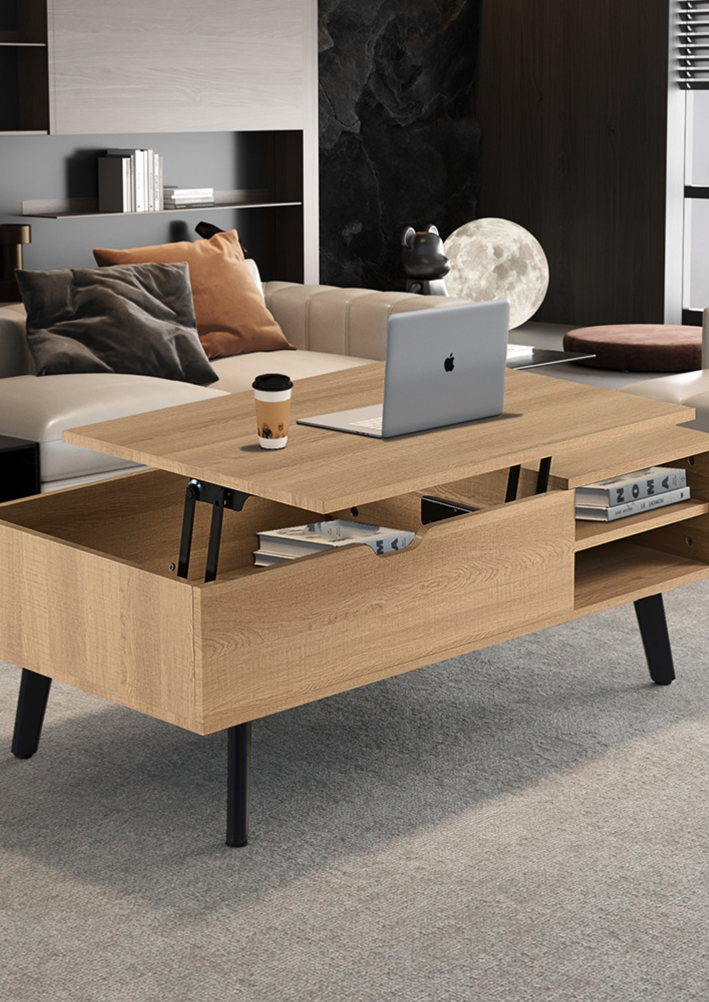 Table basse 'Justine' Plateau relevable Décor Chêne Naturel