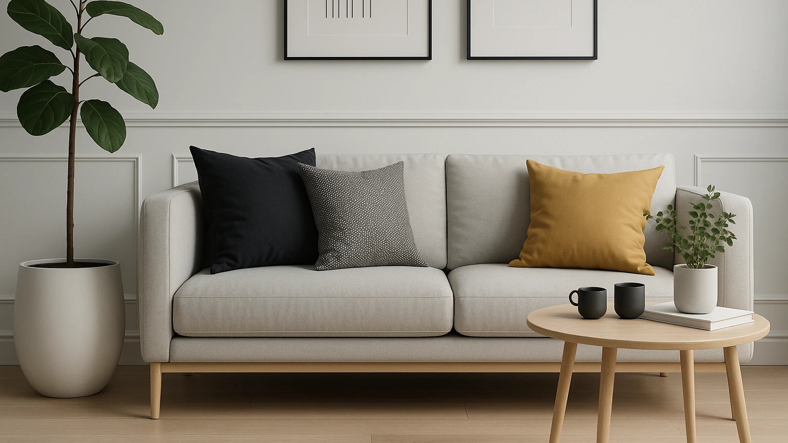 Salon scandinave moderne à Seraing avec canapé gris clair, coussins noirs, gris et jaune moutarde, grande plante verte en pot blanc à gauche et table basse en bois clair avec tasses et plante décorative.