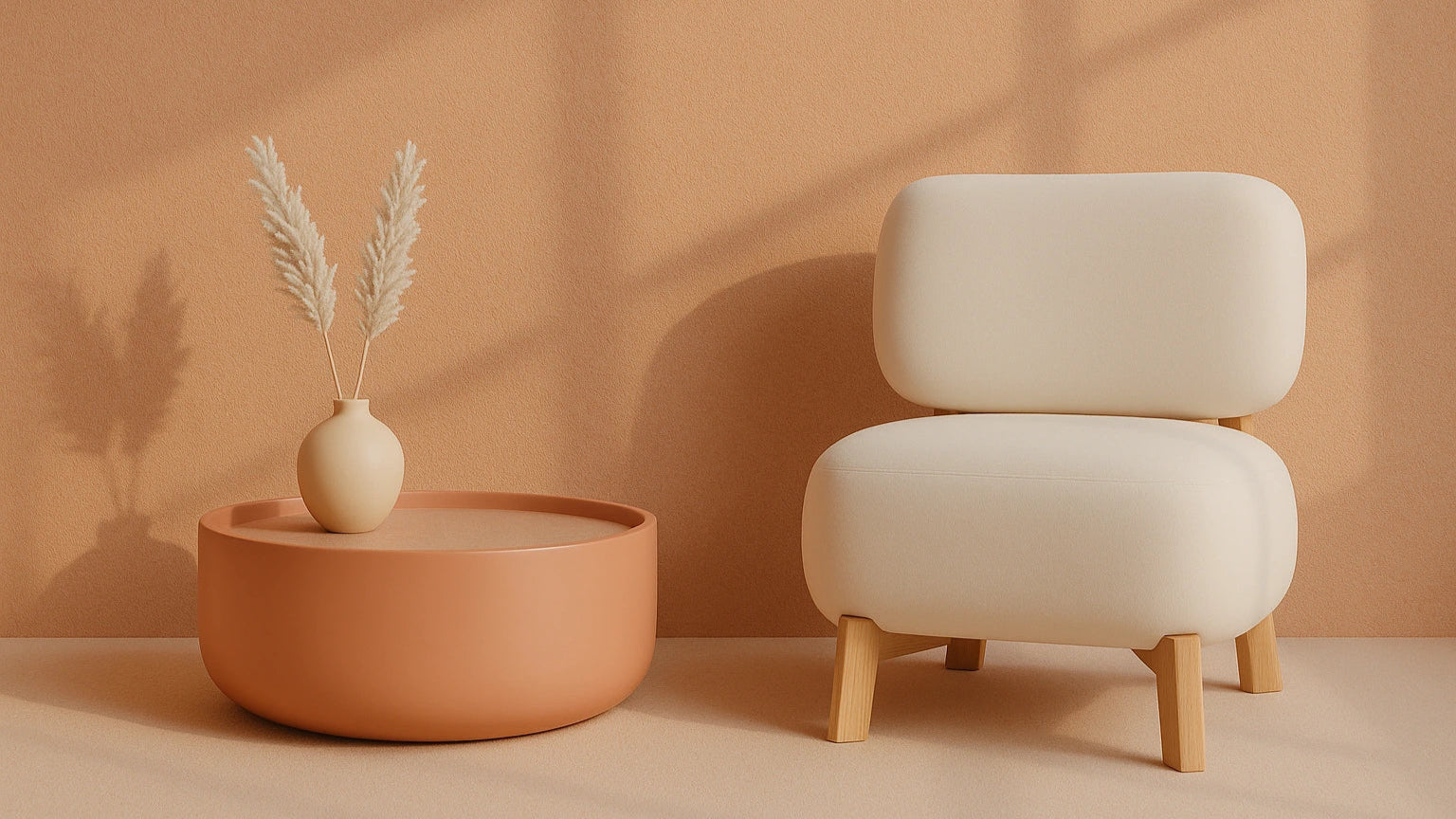 Scène intérieure minimaliste à Liège dans des tons terracotta et nude avec fauteuil design crème sur pieds en bois, table basse ronde pêche mate avec vase beige et fleurs séchées, éclairage naturel et ombres douces.