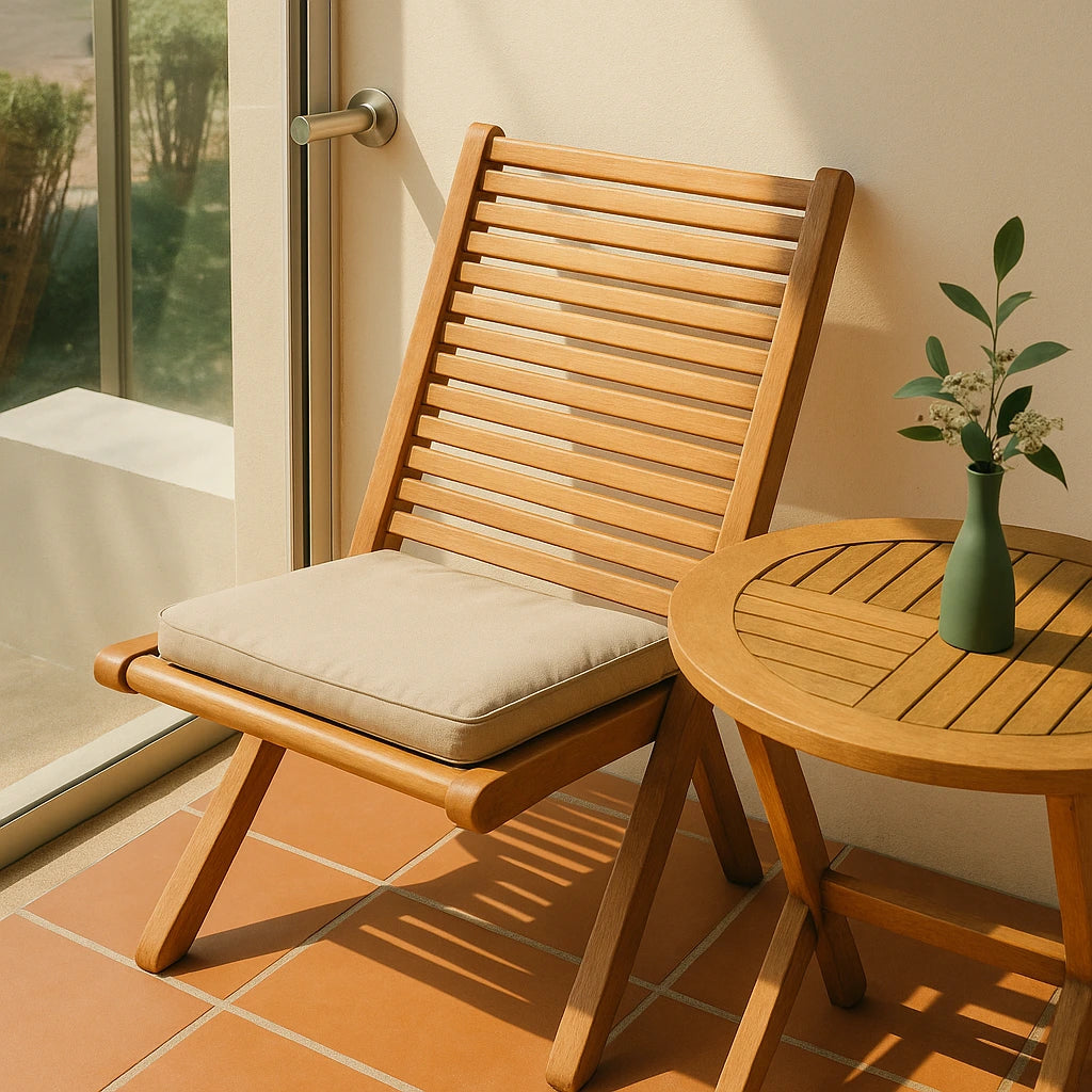 Mobilier de terrasse en bois design à Liège avec chaise extérieure en teck et coussin beige, table ronde assortie et vase décoratif, terrasse ensoleillée avec carrelage terracotta, inspiration aménagement jardin et mobilier d’extérieur haut de gamme.